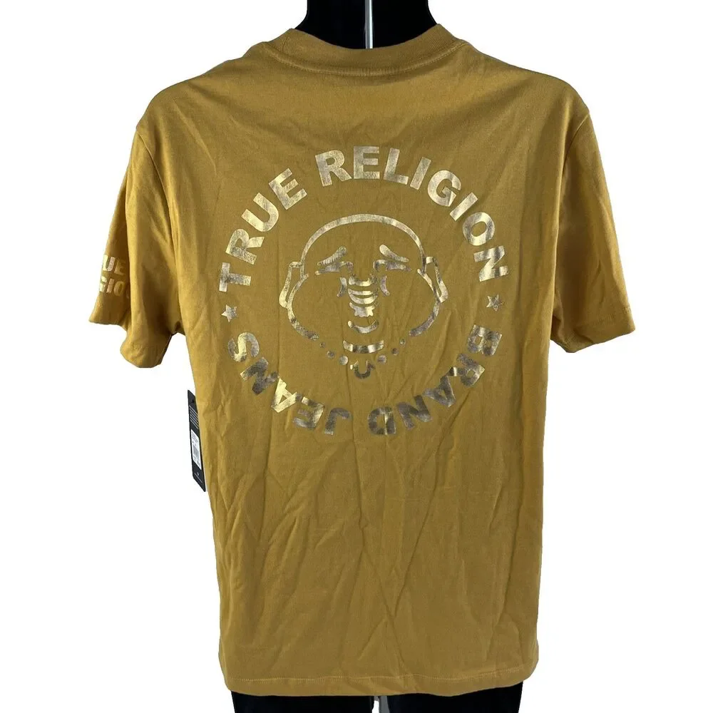 New Mens True Religion Short Sleeve Honey Mustard Gold Foil T-Shirt Sz M NWT